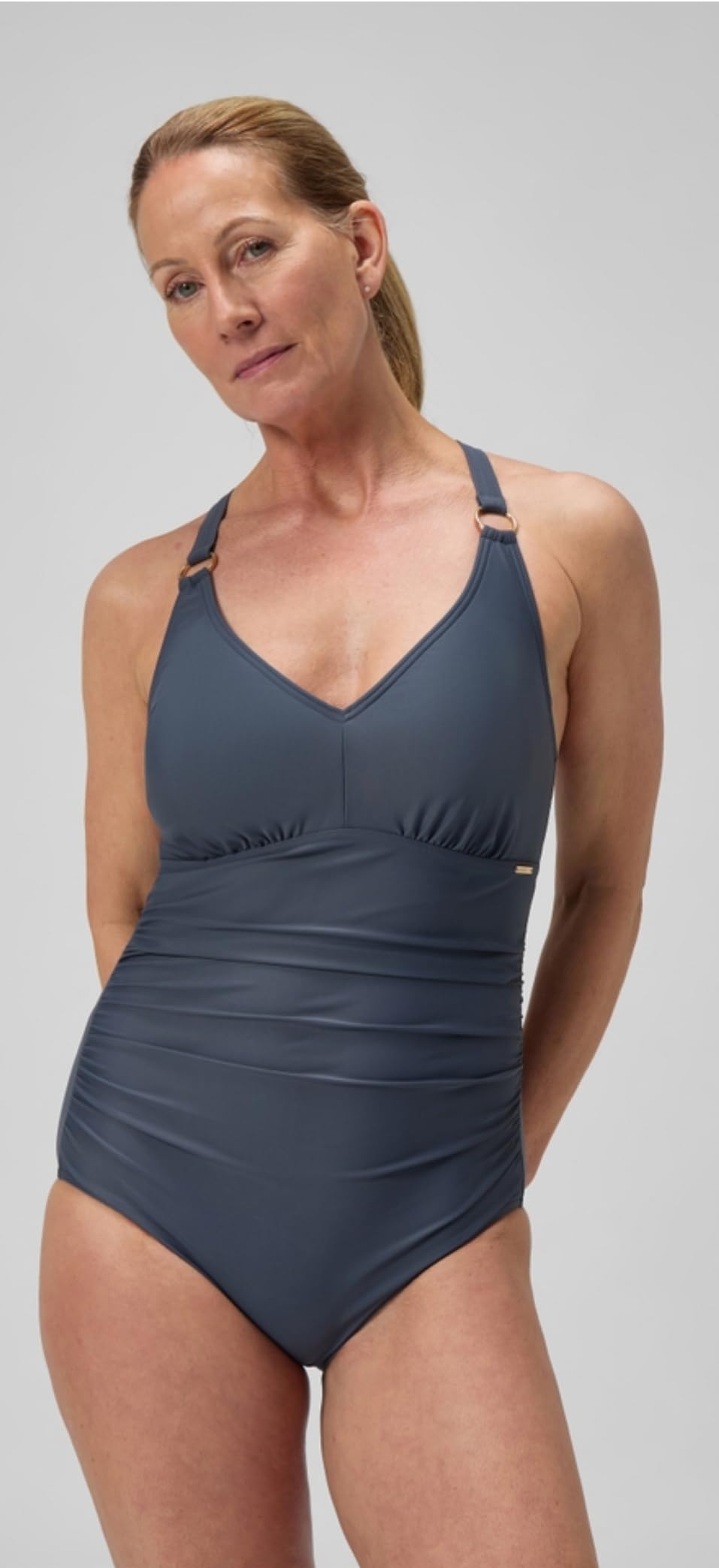 Speedo Women's Shaping V Neck One Piece Swimsuit | Shapewear | Beach and Holiday Swimwear, Grey Lead/Black, 32