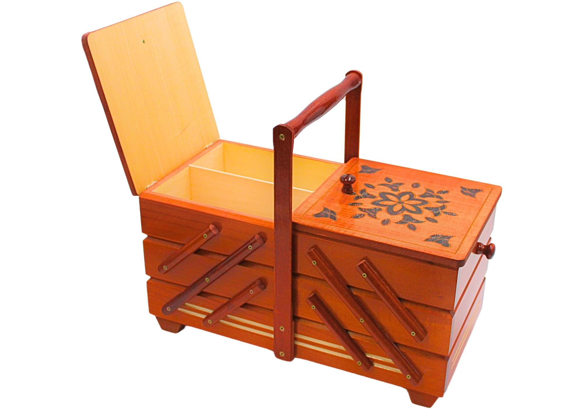 Wysokiej jakości skrzynka na szycie, skrzynka na przybory do szycia z drewna fornirowanego z 7 przegródkami w kolorze mahoniowym, dł./szer./wys. 42 x 20 x 21 cm