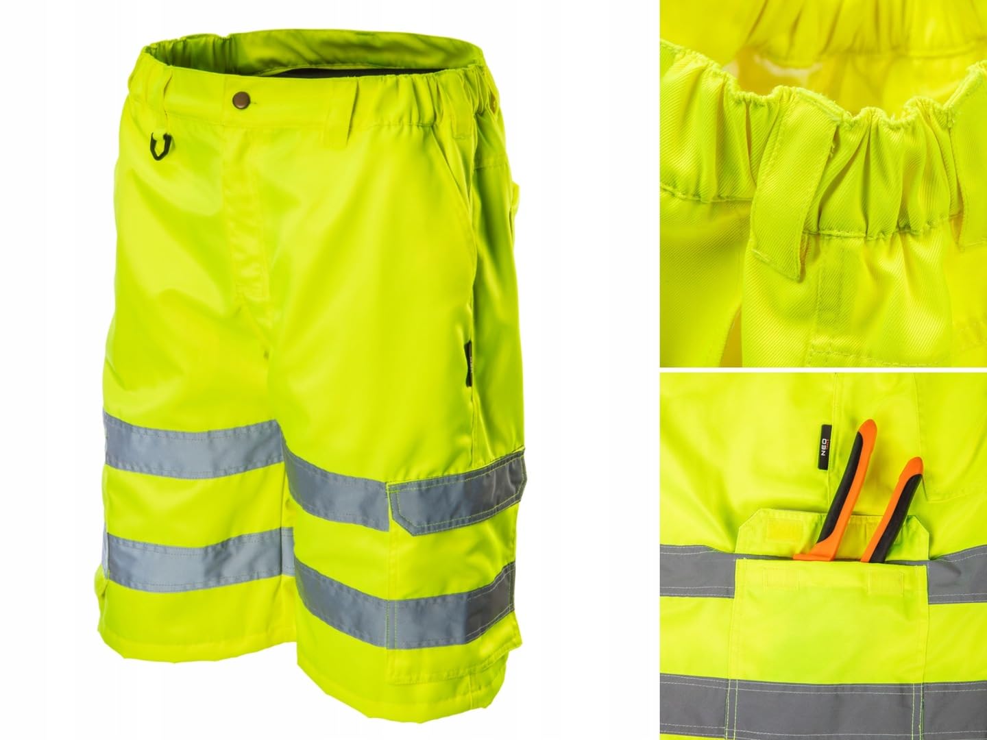 NEO TOOLS Szorty ostrzegawcze męskie rozm. S-XXL (żółty/pomarańczowy) | lub zestaw z koszulką i czapką | strefy odblaskowe, wysoka widoczność, kieszenie wielofunkcyjne