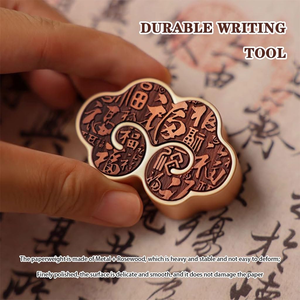 Presse-Papier Chinois « Nuages ​​de Bon Augure », Mini-décoration avec Le Caractère « Fu » Gravé, Métal Et Palissandre, Pressage De Livres Et Pratique De La Calligraphie(A,2 pcs)