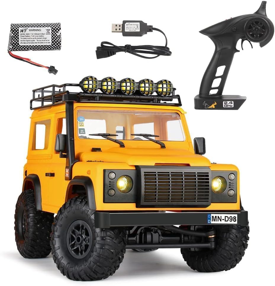 Uzaktan Kumandalı Araba — MN98 V2 1/12 Land Rover Defender D90 4WD RC Model Crawler Offroad Truck Rtr Lisanslı Sarı+Dahili Işık Seti