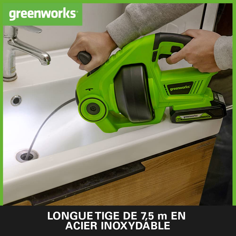 Greenworks G24DA Déboucheur de Canalisation Sans Fil, 550 tr/min, Déploiement du Tuyau de 2,5 à 5 cm, Tige en Acier Inoxydable de 7,5 m, SANS Batterie Ni Chargeur 24 V, Garantie 3 Ans