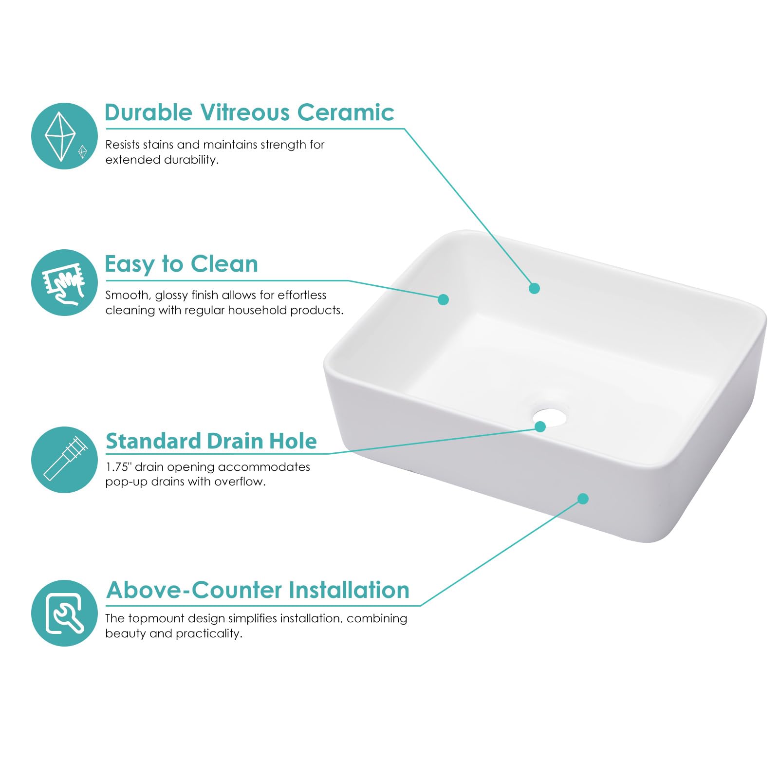 Kichae - Lavandino da bagno rettangolare – 48 x 38 cm moderno bianco lavabo da bagno rettangolare sopra il bancone porcellana bianca vaso in ceramica lavabo lavabo artistico