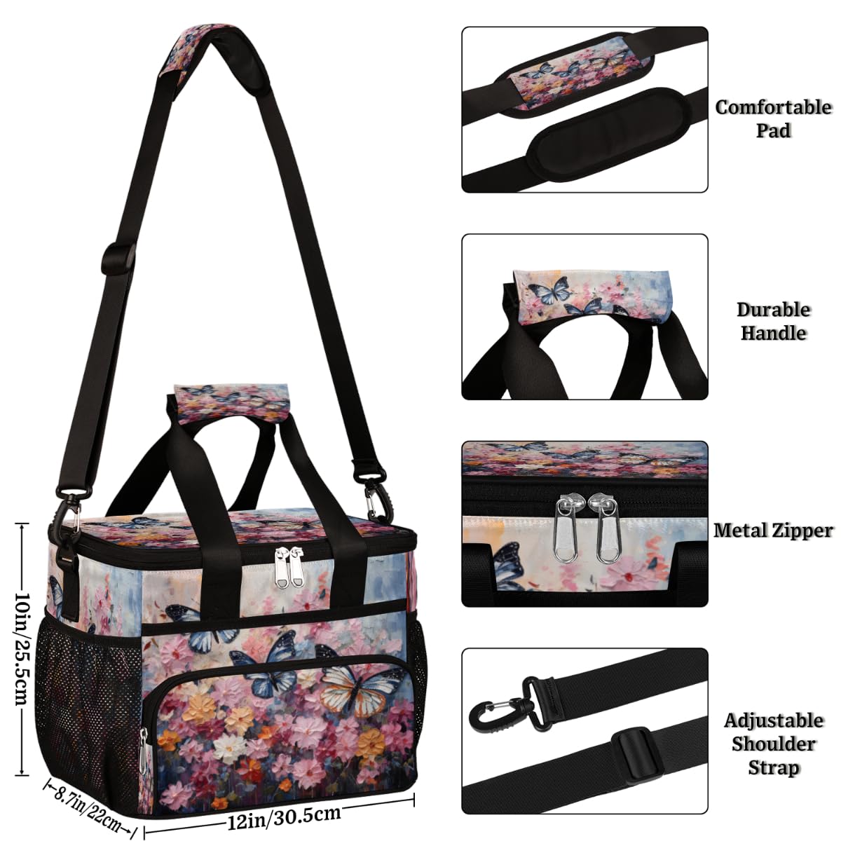 Flowers Insulated Picnic Backpack Lunch Box for Women Men Picnic Basket Tote Lunch Bag Picnic Bag Portable Lunch Bags for Picnic, Beach, Work, Trip,Office, Camp Butterfly