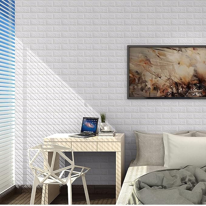 Image of STL Brick Wallpaper - Self Adhesive PE Foam Brick Design 3D Wall Stickers /DIY Wallpaper for Home Hotel Living Room Bedroom & Cafe (70 x 77cm, Appx. 5.8Sq Feet) White - Pack of 30