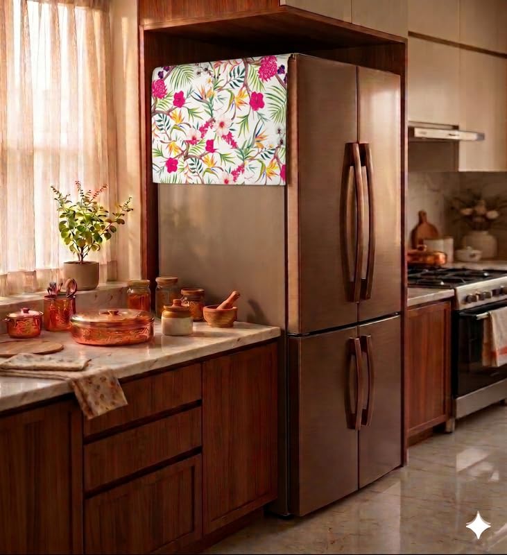 Image of Four Door Fridge Top Cover 400+L | Big Size Dustproof Refrigerator Cover Mat | Machine Washable Floral Print | 450 GSM Durable Fabric Fridge Cover for Side by Side Four Door Models | THROWPILLOW.IN