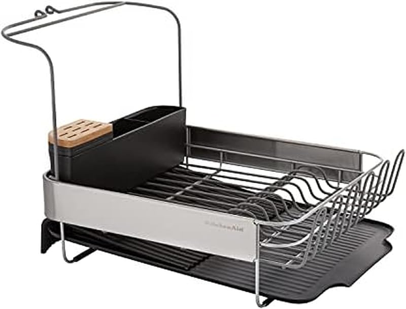 KitchenAid Escurreplatos expandible de tamaño completo, resistente a la oxidación, con escurridor autodrenante en ángulo, 24 pulgadas, negro
