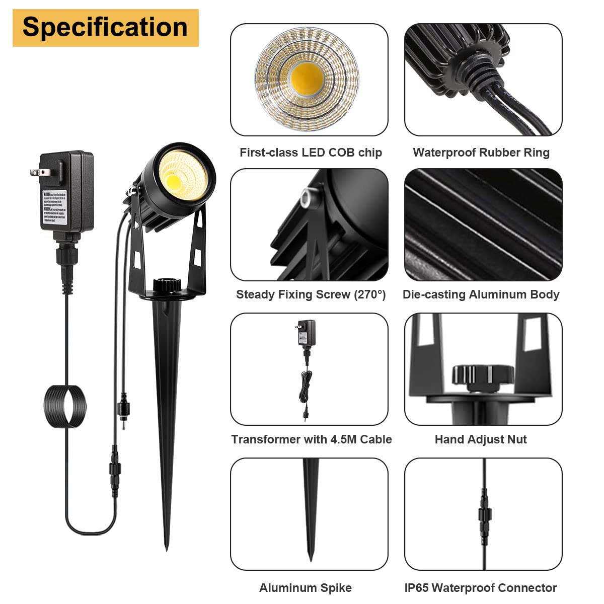 Greenclick Landscape Lighting, 3W 12V Extendable Low Voltage 6 in 1 Landscape Lights with Transformer IP65 Waterproof 1800 Lumen Outdoor Spotlight for Garden Walls Trees Flag Pathway, Warm White