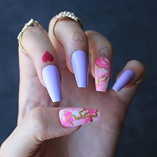MqpQ Design Nails Lavender Fake Nails For Ballerina Rose Blooming Long False Nails