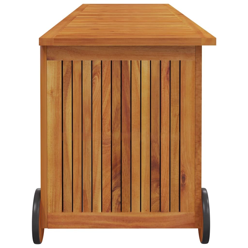 Coffre de jardin en bois d'acacia massif 150 x 50 x 58 cm avec roulettes et sac intérieur imperméable, boîte de rangement résistante aux intempéries pour coussins de jardin, coussins, jouets