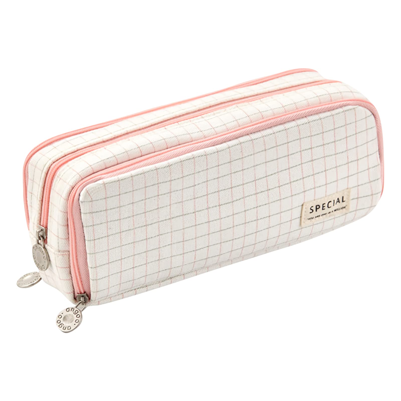 PORRASSO Estuche Escolar Grande Estuches de Lápices con 3 Compartimentos Cosméticos Bolso Estudiantes Pencil Case Organizador Cartuchera para Niña Niños Adolescentes Cuadrícula Rosa
