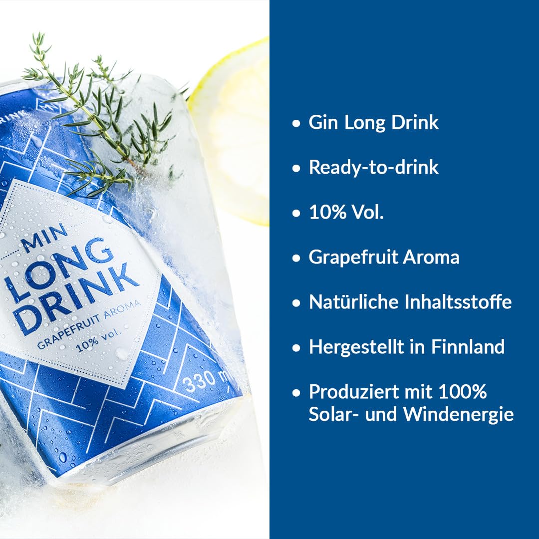 MIN Long Drink Grapefruit – Lonkero – Finnisches Nationalgetränk – Premium Gin-Longdrink – Fertig servierbereit – Nachhaltig produziert in Finnland – 10% Vol. – Glutenfrei – 12×0,33 L – 3 € Dosenpfand