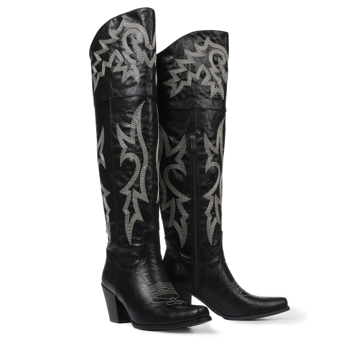 Eteridrey Thigh High Cowboy Boots for Women Pointed Toe Chunky Heels Wide Calf Cowgirl Booties Classic Embroidered Western