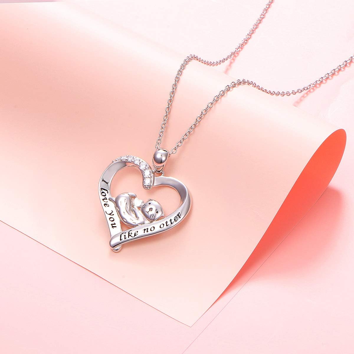 925 Sterling Silver Animal Jewelry Sea Otter Heart Pendant Necklace for Women