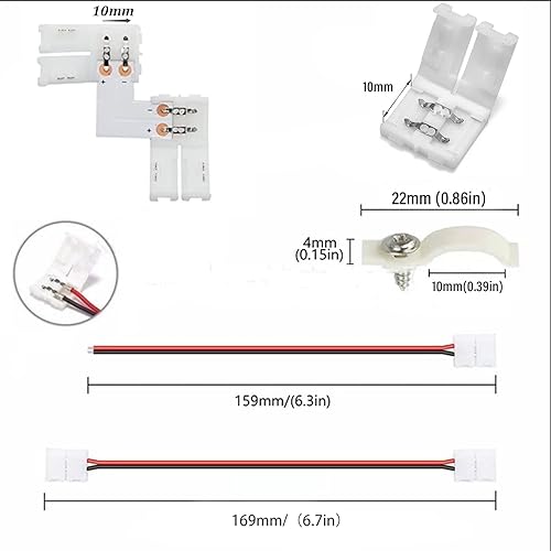 Miniatura 2 de Amefil Kit de 54 conectores LED, tira de luz LED de 2 pines de 0.394 in, correa de hebilla sin soldadura, conector de alambre de esquina en forma de
