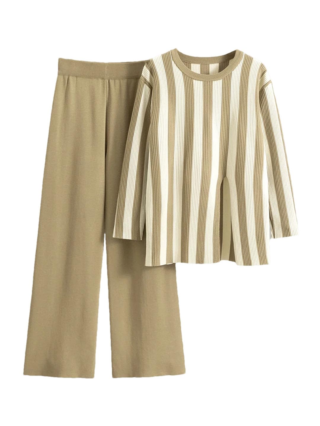 Set da 2 pezzi top a maglia a righe con scollo rotondo da donna a maniche lunghe