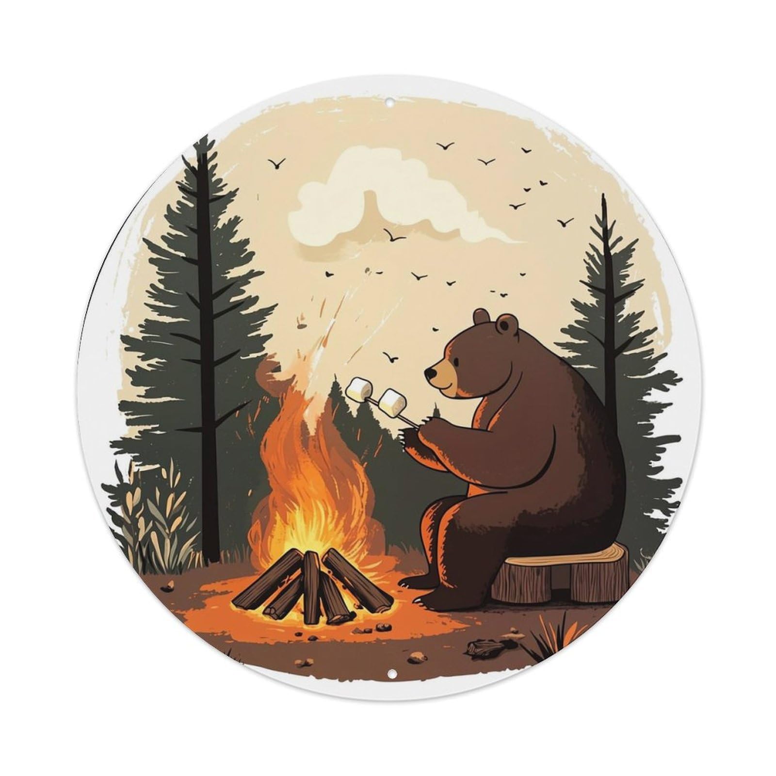 Bear Roasting Marshmallows Campfire Forest Retro Metal Sign Round Tin Sign, Vintage Decor Art Poster for Bar, Home, Man Cave, Kitchen, Laundry Room Gift 8x8Inch