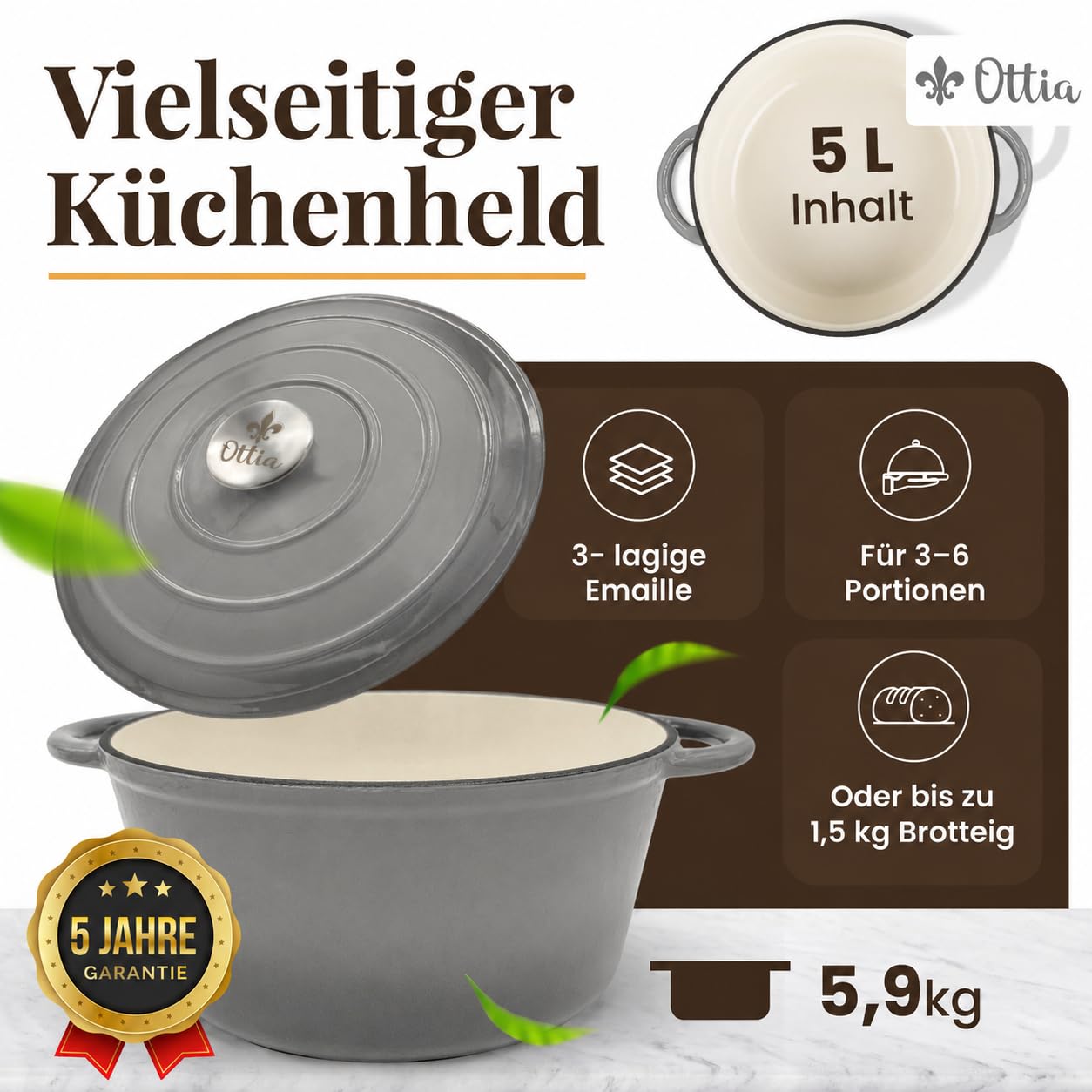 Ottia Gusseisen Topf [inkl. eBook] – Emaille Topf 26cm - Dutch Oven, Brotbackform, Brotbacktopf, Schmortopf Bräter mit Deckel, Bratentopf - auch für Induktion | Händler aus HH, Grau