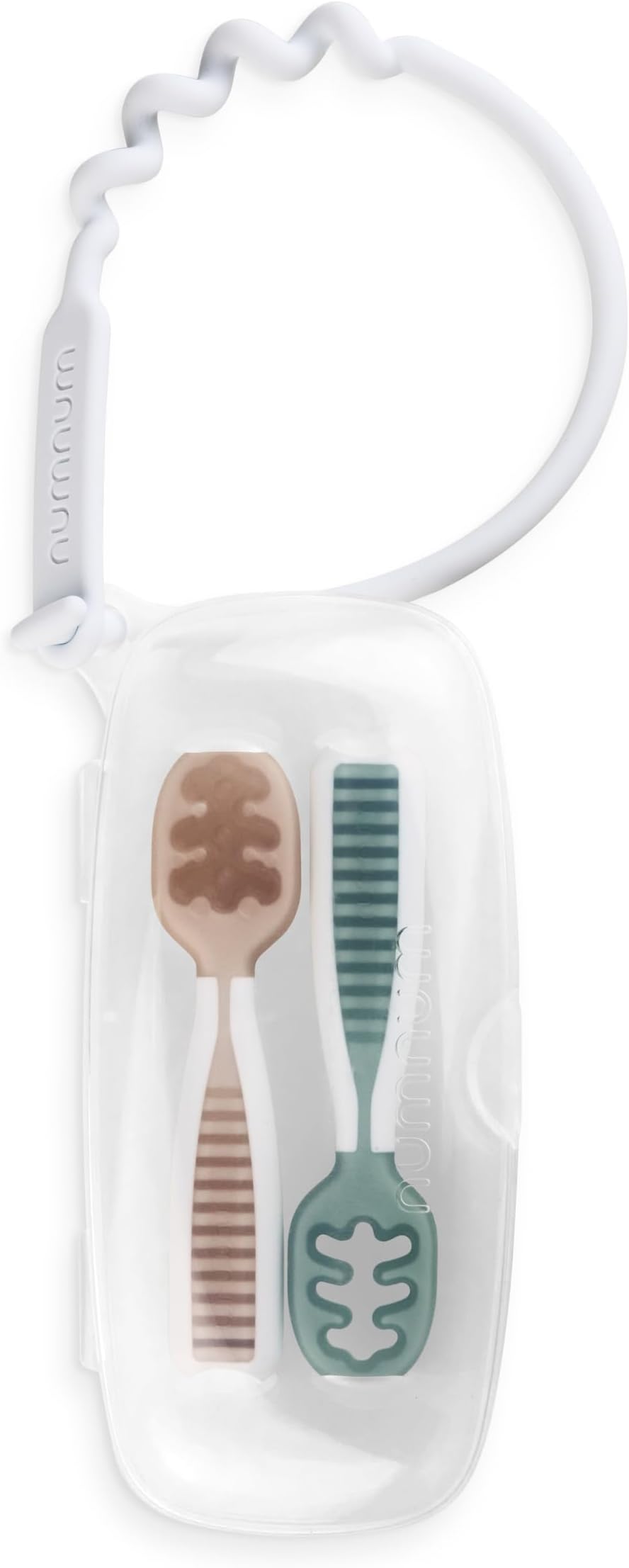 NumNum GOOtensil Pre-Spoons + Travel Case | Baby Spoon Set (Stage 1 + Stage 2) | BPA Free Silicone Self Feeding Toddler Utensils | For Kids Ages 6 Months+, 1-Pack, 2 Spoons, Beige/Green