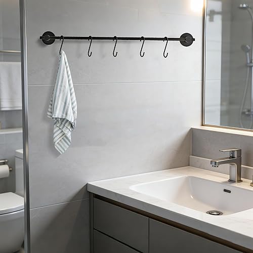Miniatura 7 de Toallero de 21.6 pulgadas con 5 ganchos en forma de S, toallero de latón negro para baño y baño, montado en la pared, para ollas de cocina, soporte