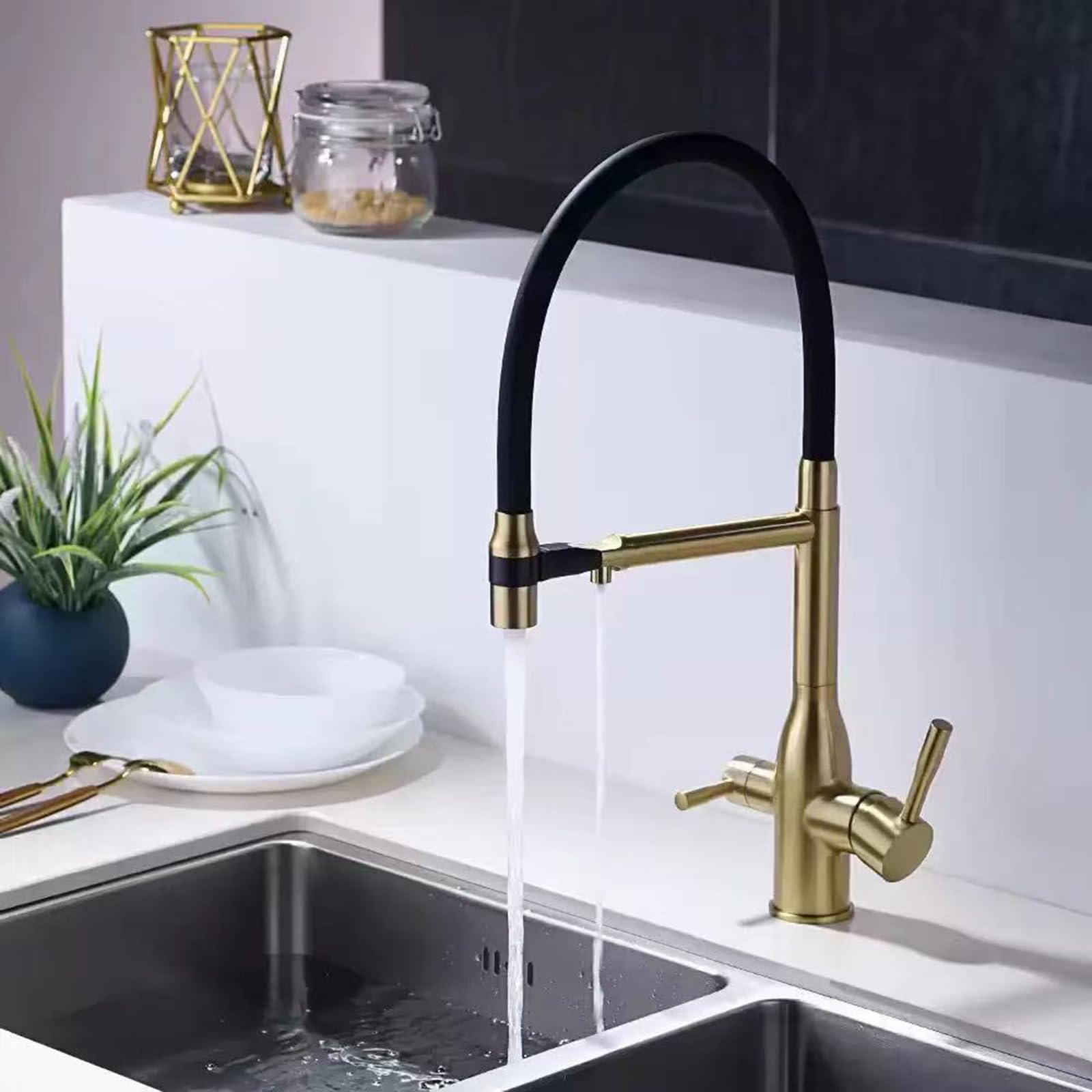 3 Way Kitchen Tap Pull Out Brass Taps Flexible-Brushed Gold + Black Tube