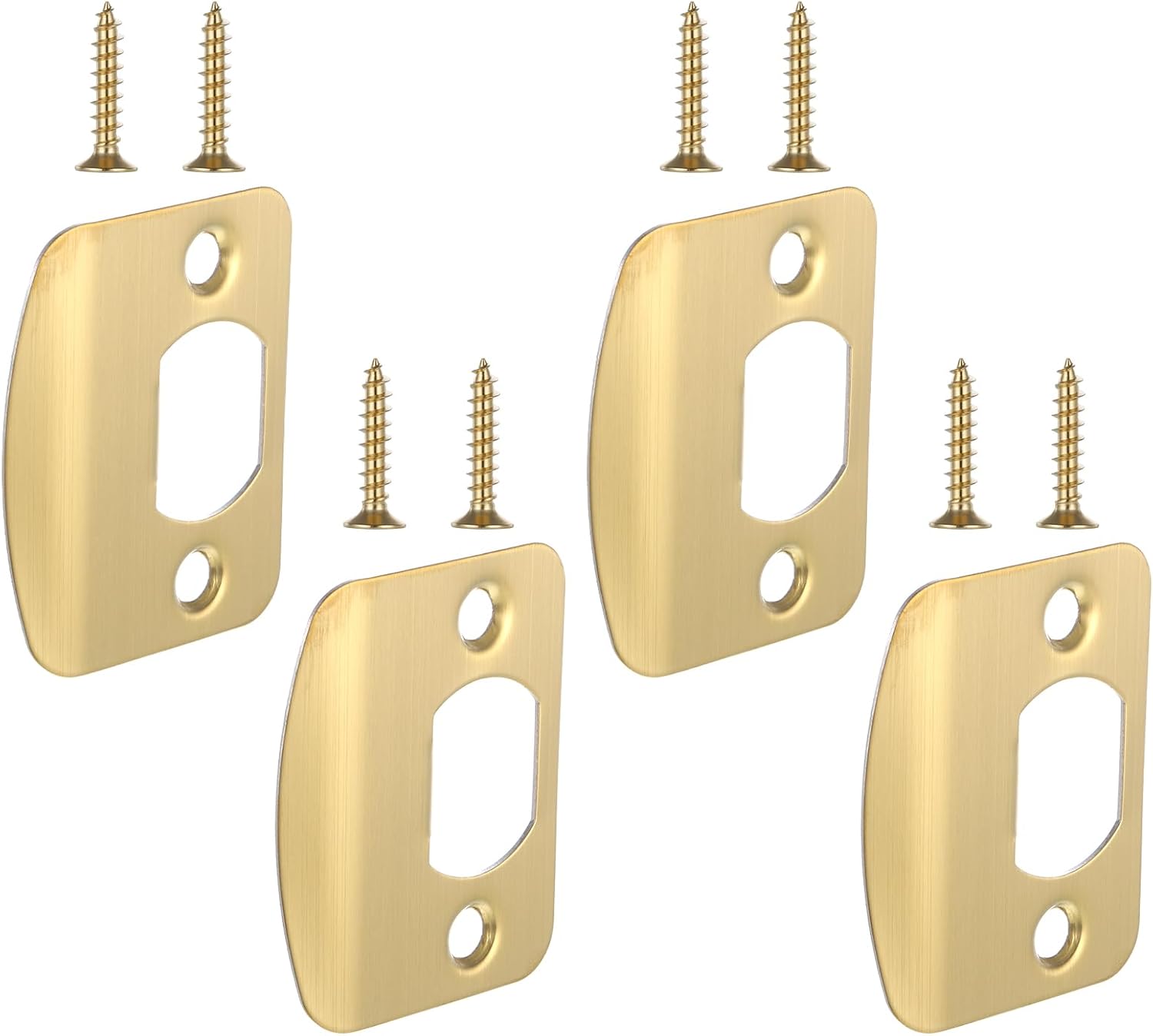 Door Strike Plate 2-1/4"x 1-3/4", 4 Pcs Universal Round Corner Design Gold Stainless Steel Construction Extended Lip Door Latch Plates Hardware with 8 Pcs 0.8" Screws for Interior Exterior Doors