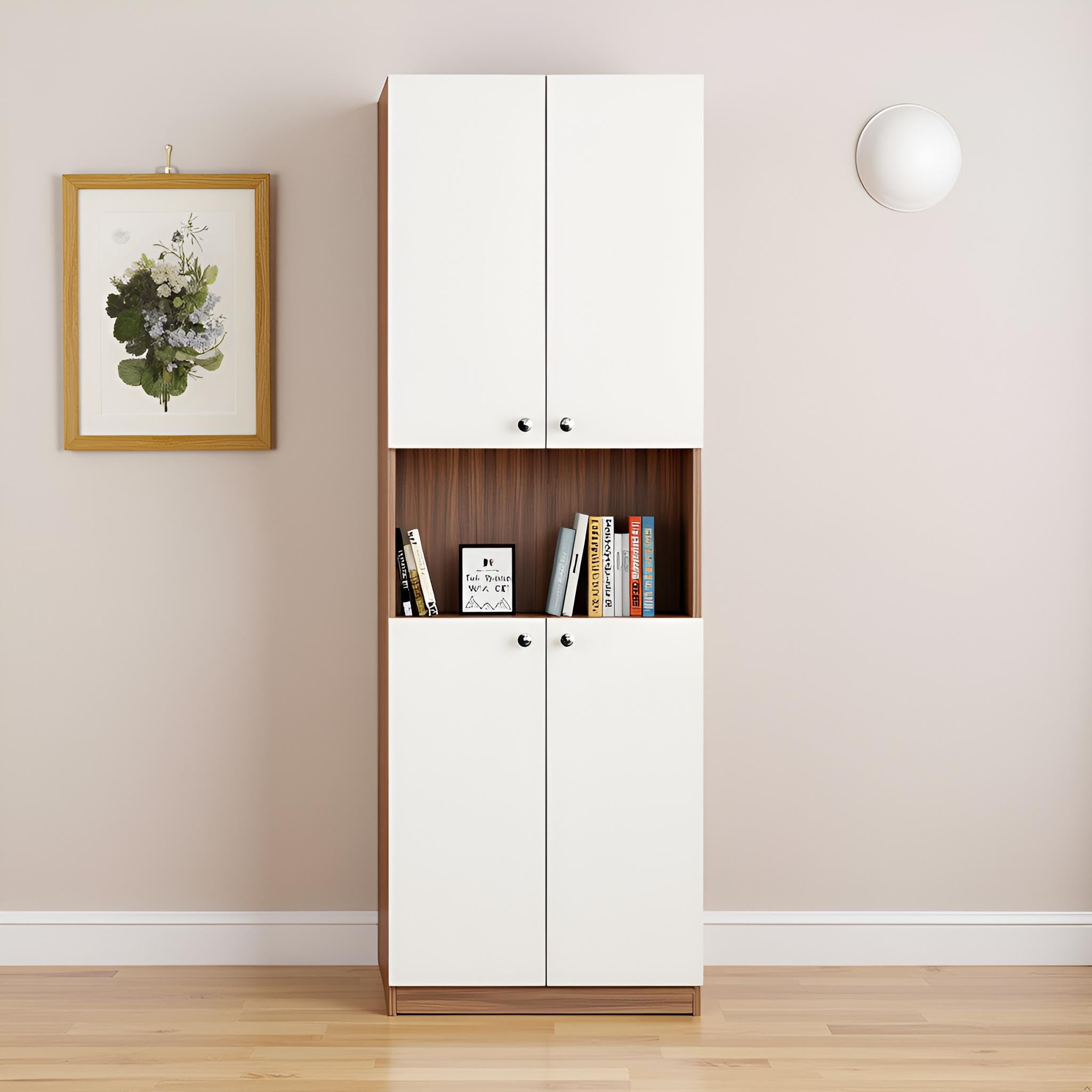 FURNEASER Vault Tall Wooden Bookshelf with 2-Door Cabinet & 3 Open Shelves | Bookcase for Living Room, Bedroom & Office | Modern Storage Organizer Rack, 161 x 50 x 34 cm (Exotic Teak & White)