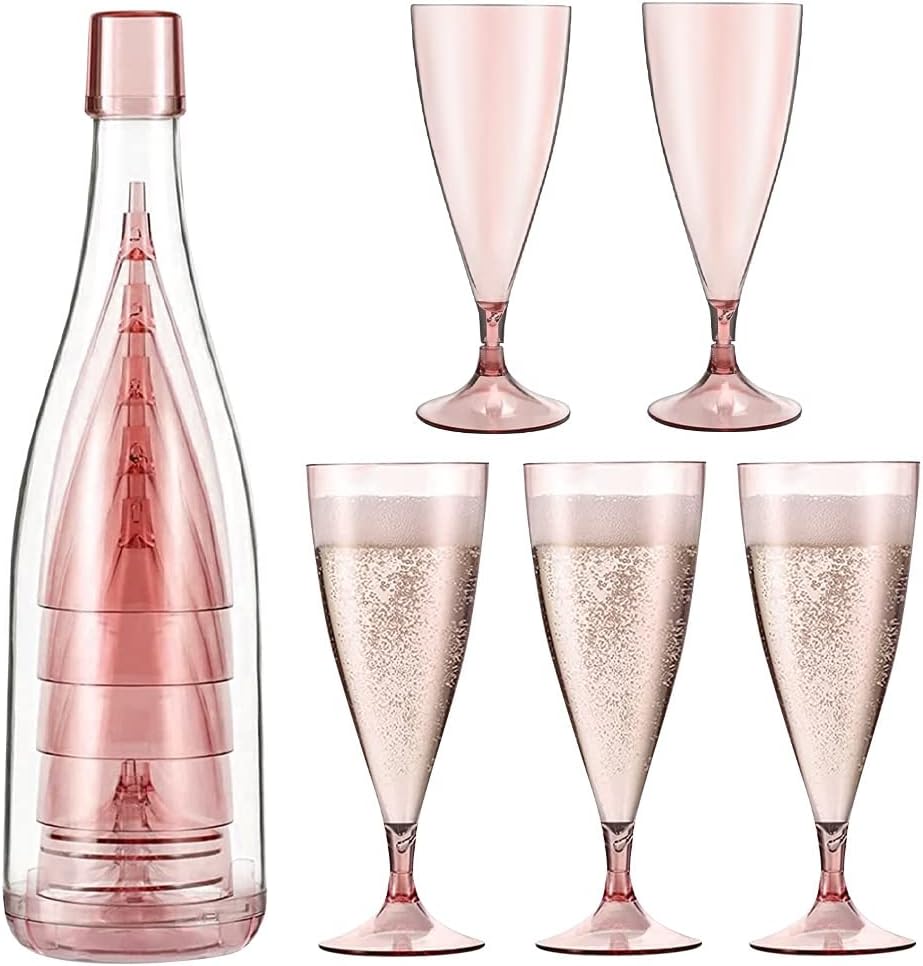 LYTIVAGEN 5 PCS Stackable Champagne Glasses Set Portable Champagne Glass Reusable Champagne Flutes Set Plastic Wine Glasses with Bottle Container Picnic Wine Glasses Set for Parties Home Travel (Pink)