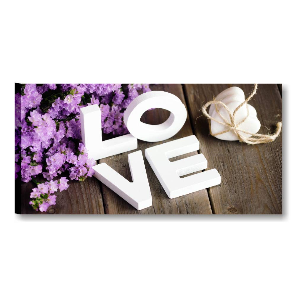 Quadri L&C ITALIA Provenzale Love - Quadro Shabby Chic con Scritta e Fiori Lavanada 90 x 45 Stampa su Tela Canvas da Parete per Soggiorno Moderno Cucina Camera Ragazza