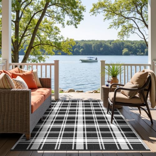 Image of GENIMO Outdoor Rug, Waterproof Plastic Rugs for Patio, 6'x9' Black Plaid | Outside Larger Modern Carpet Mat for Porch Decor, Deck, Balcony, Camping, RV, Backyard, Picnic, Beach, Reversible, Foldable