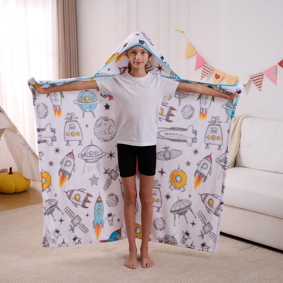 Kids Wearable Blanket Space Hooded Throw with Hand Handles — Soft, Cozy Printed Flannel Fleece, 45″×50″ for Lounging, Movie Nights, Sleepovers & Playtime