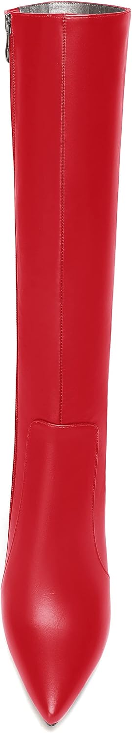 WAYDERNS Women's Matte Leather Thick Pointed Toe Zip Block High Heel Knee High Boots 4 Inch