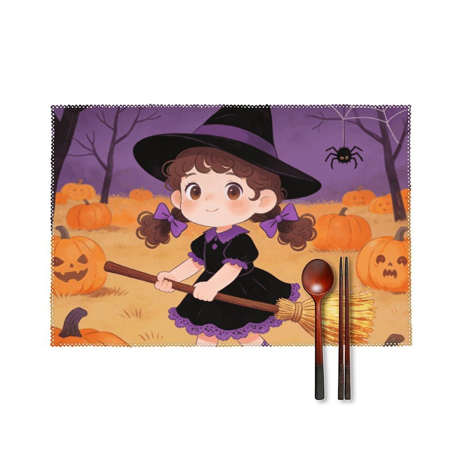Halloween Placemats Set of 6, 12x18 Inch Heat Resistant Washable Canvas Table Mats, Stain Resistant Decorative Dining Placemats for Kitchen, Restaurant, Outdoor Party
