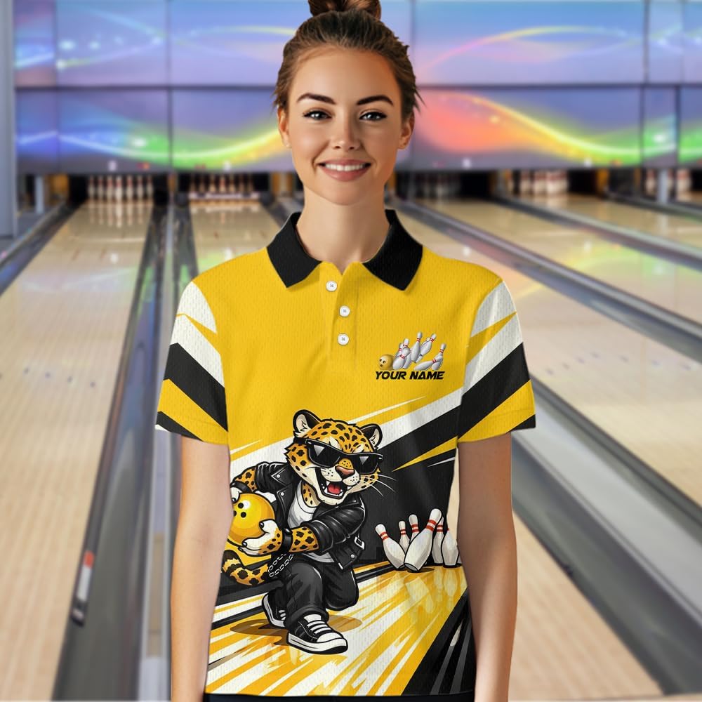 Cool Leopard Bowling Shirts for Team Men Women Leopard Bowling Jersey Yellow Bowling Polo and Bowling Zip Shirt