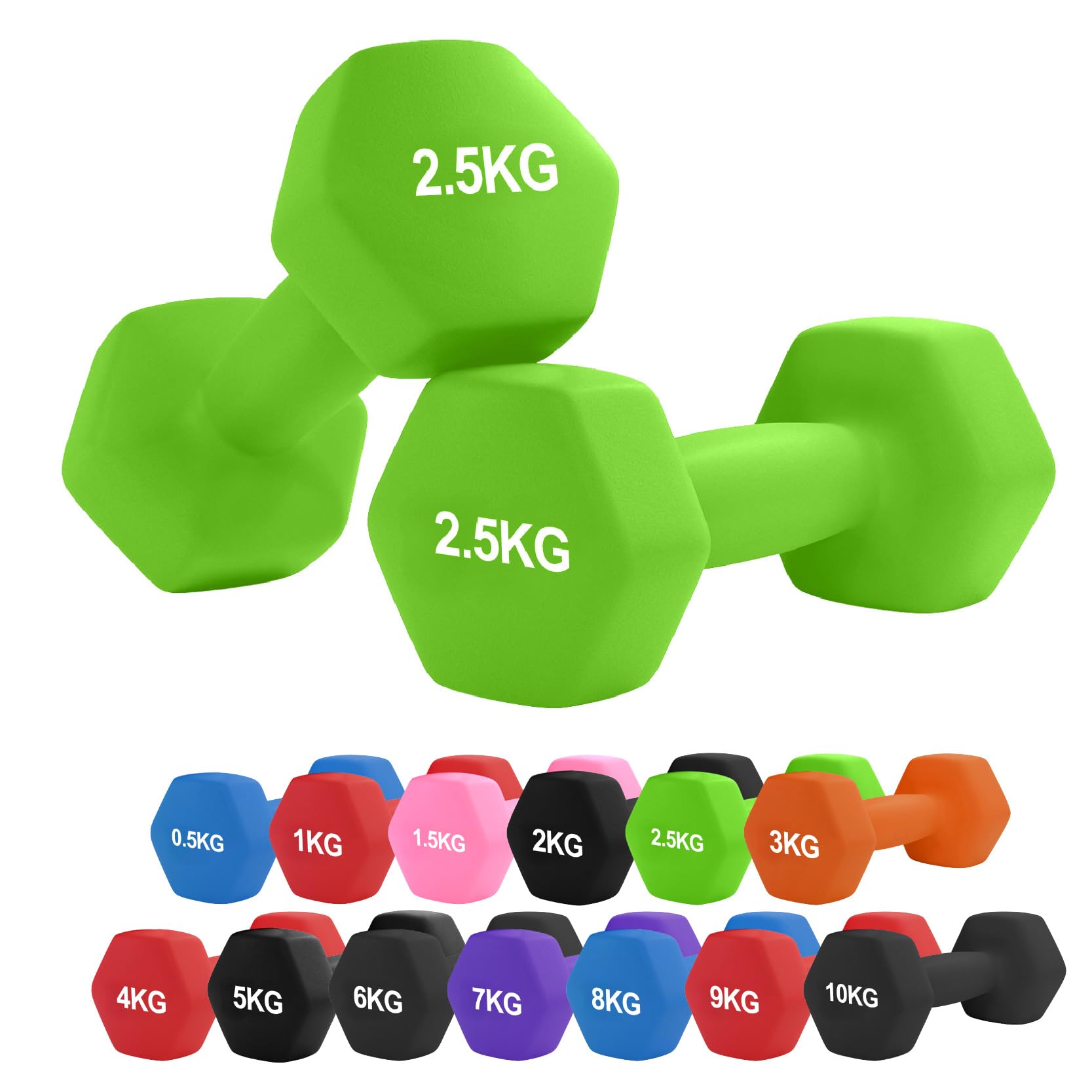 Neoprene Hex Dumbbell Set 0.5–10kg – Non-Slip Comfort Grip Hand Weights for Home Gym, Strength Training, Full-Body Workouts, HIIT, CrossFit, Pilates (2.5Kg Pair-Green)
