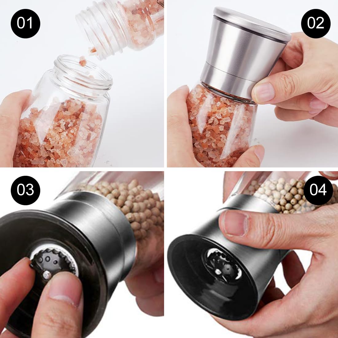 Juego de molinillos de sal y pimienta de acero inoxidable, recargable, manual, con recipiente de botella de vidrio y grosor ajustable (sin contenido de especias, 2 unidades)