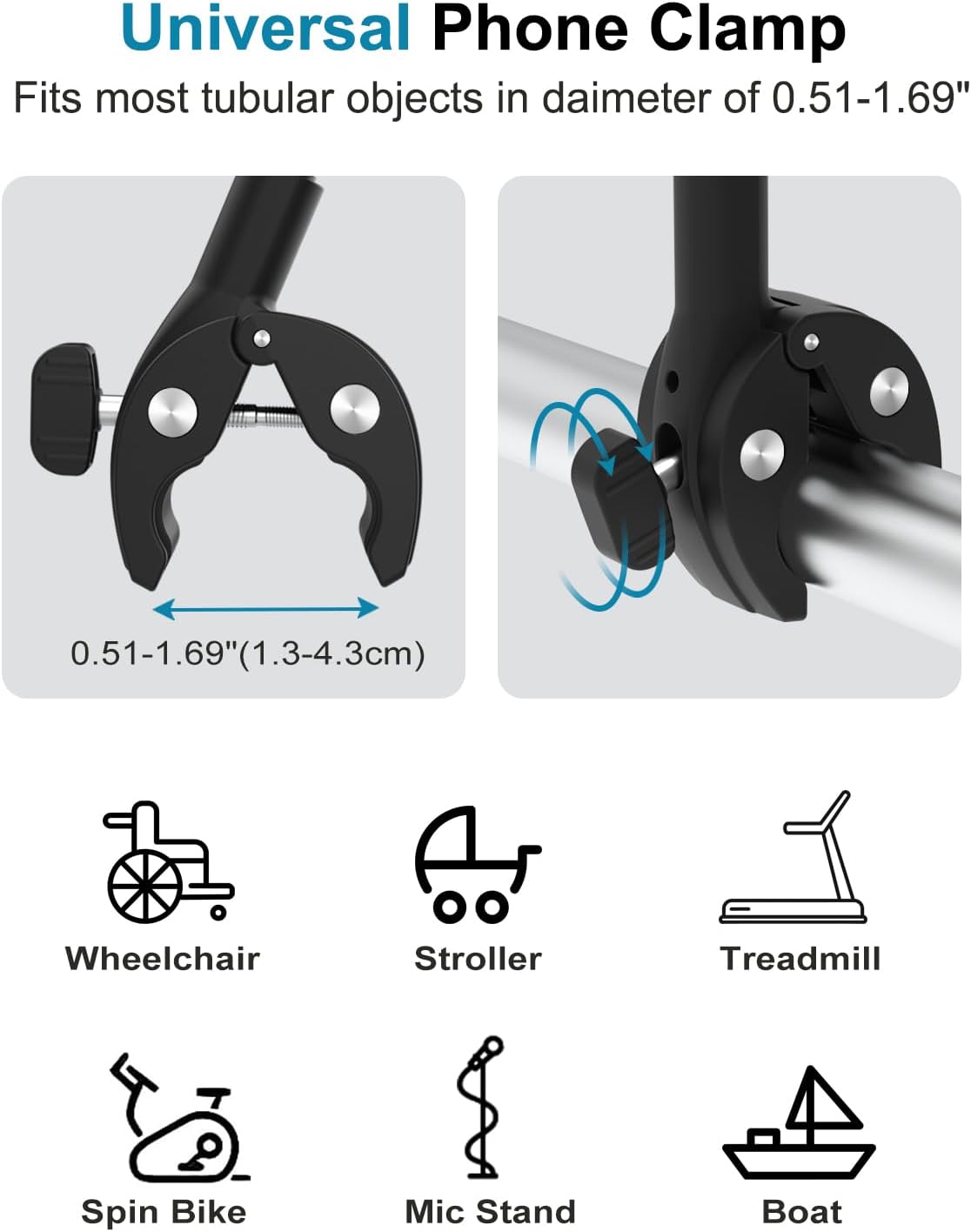 Gooseneck Phone Holder Mount for Wheelchair/Stroller/Boat/Treadmill/Spin Bike/Mic Stand, Cell Phone Handlebar Clamp with Adjustable Arm for iPhone 16 Pro Max, Galaxy, All 4-7" Smartphone