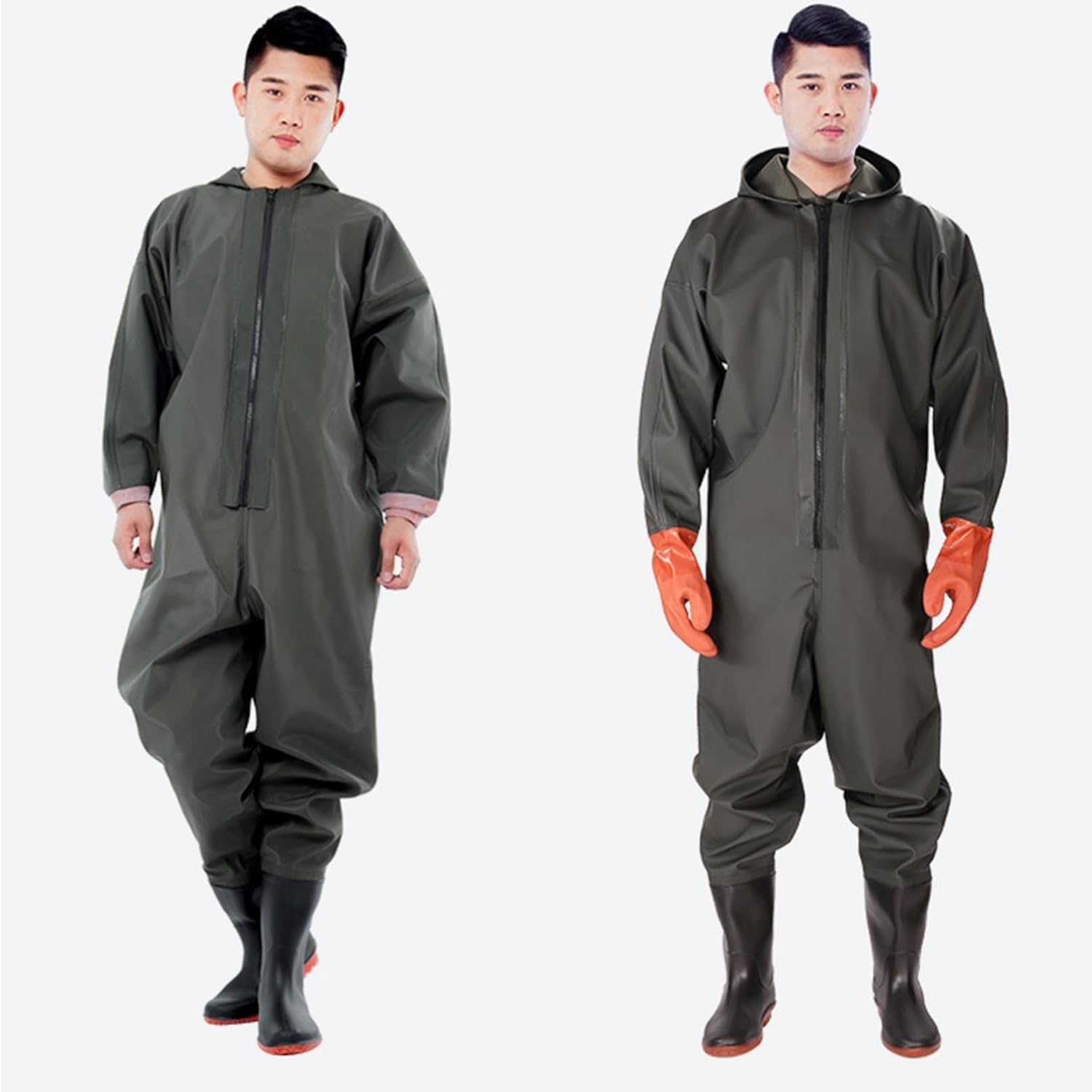 ウェーダー 全身防水ウェーダー 肩まで 胴付き フード付きフルジップ PVC 作業靴 チェストハイ 潮干狩り 農業 清掃 軽量 防風