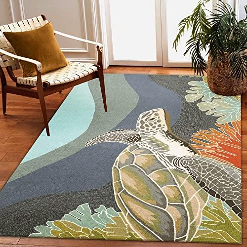 Liora Manne Ravella Indoor Outdoor Rug - Nautical Rug, Sea Life & Ocean Theme Decor, Comfortable & Durable, UV Stabilized, Stain Resistant Rug, Ocean Blue, 5' x 7'6"