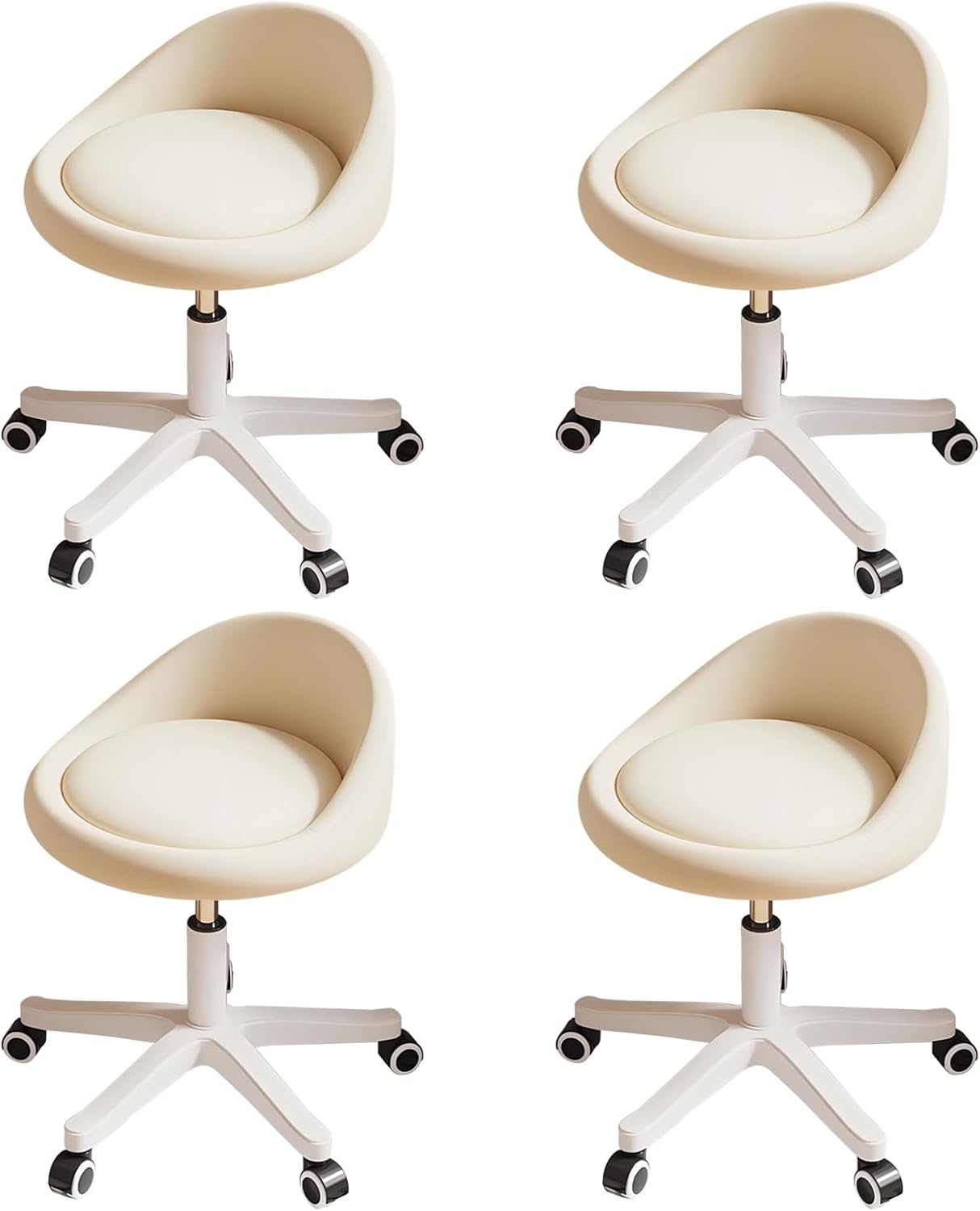 Rolling Stool Set of 4 Ergonomic Swivel Seat, Adjustable Height, Ultra-Quiet Wheels, Padded PU Leather Cushion, for Salon, Office, Massage & Medical Use Beige