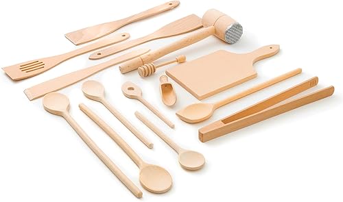 Tuuli Juego de utensilios de cocina de 15 piezas, cucharas de madera de haya maciza especialmente diseñadas, espátula de madera, ablandador y