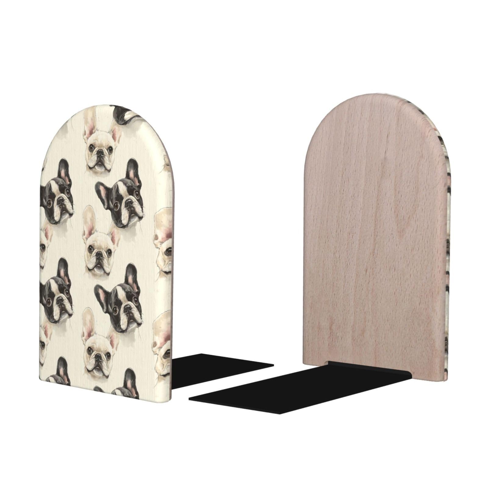 Cute French Bulldog 1 Print BookEnds 1 Pair, Decorative Bookends for Heavy Books, Wood Book Ends for Shelves, Book Organizer for Home Desk Office Supplies