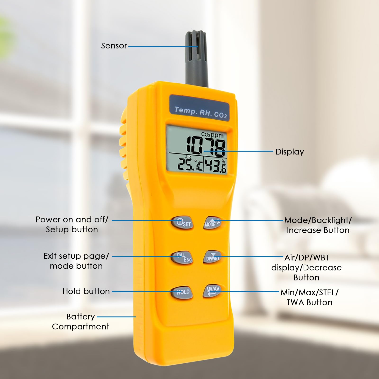 CO2 Meter Portable CO2 Detector Digital CO2 Monitor with Alarm Function Carbon Dioxide Temperature and Humidity Meter, NDIR CO2 Sensor Indoor Air Quality Monitor for Home Office Grow Room
