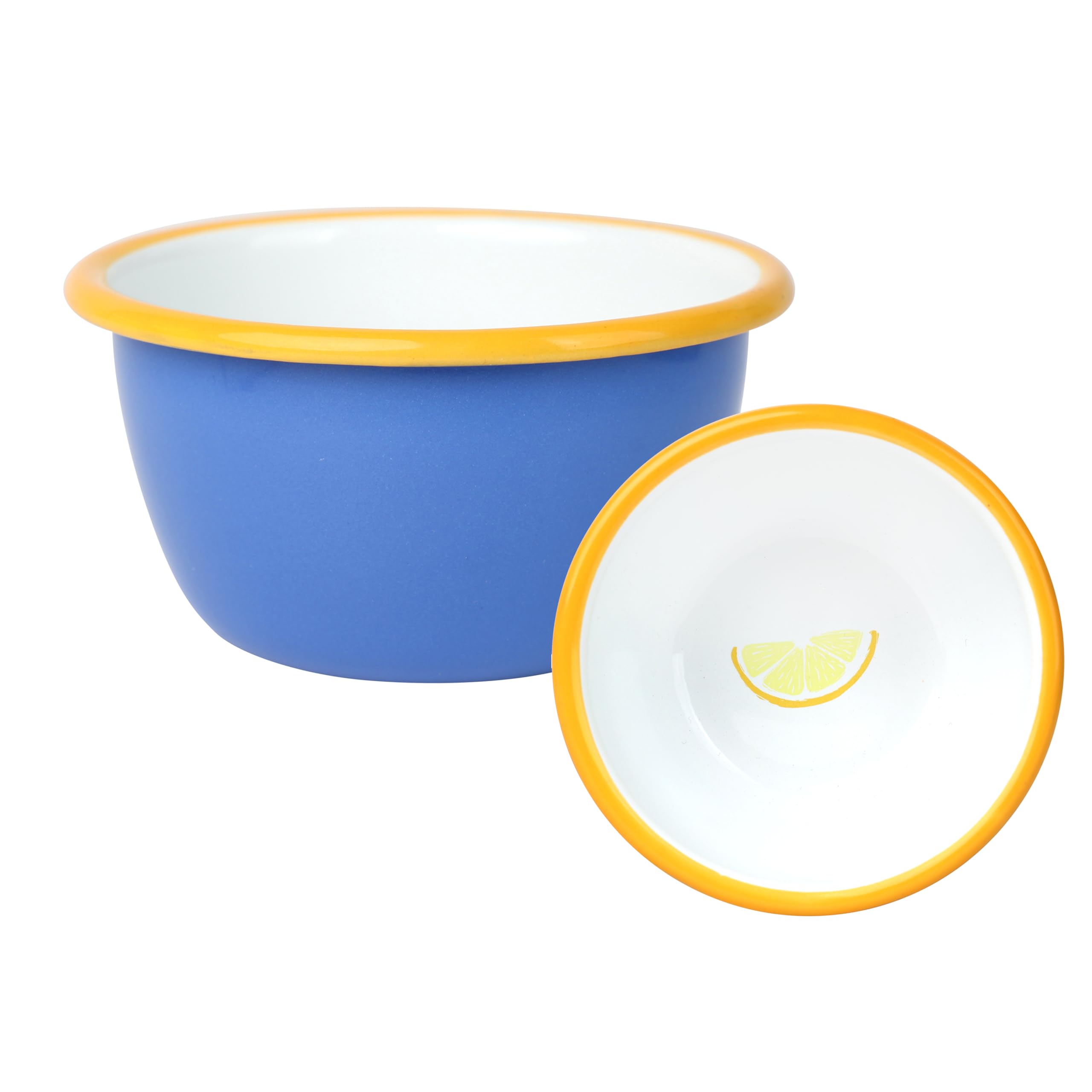 Talking Tables Handmade Blue Small Enamel Bowl 10cm Lemon Motif Inside - Shatterproof & Dishwasher Safe, Reusable Tableware for Indoor & Outdoor Dining, Snacks, Desserts, BBQs & Picnics