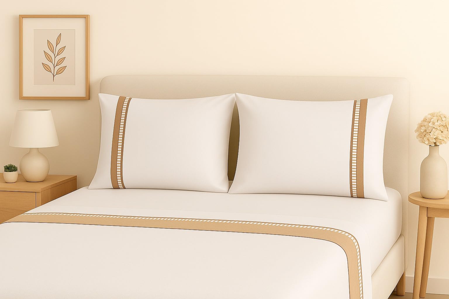 Corredocasa Completo Letto Matrimoniale in Puro Cotone con Elegante Balza in Raso di Cotone Made in Italy di Alta qualità – Lenzuolo sotto Retto Senza Angoli – 270x300 cm (Beige)