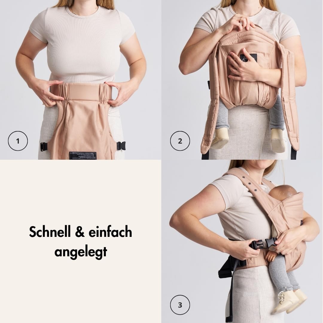 Rookie Babytrage ab Geburt - Ergonomisch, Bequem, Bio-Stoffe - Premium Elite Design - Baby Trage schnell & einfach angelegt - Baby carrier für Neugeborene bis 2 Jahre (Beige)