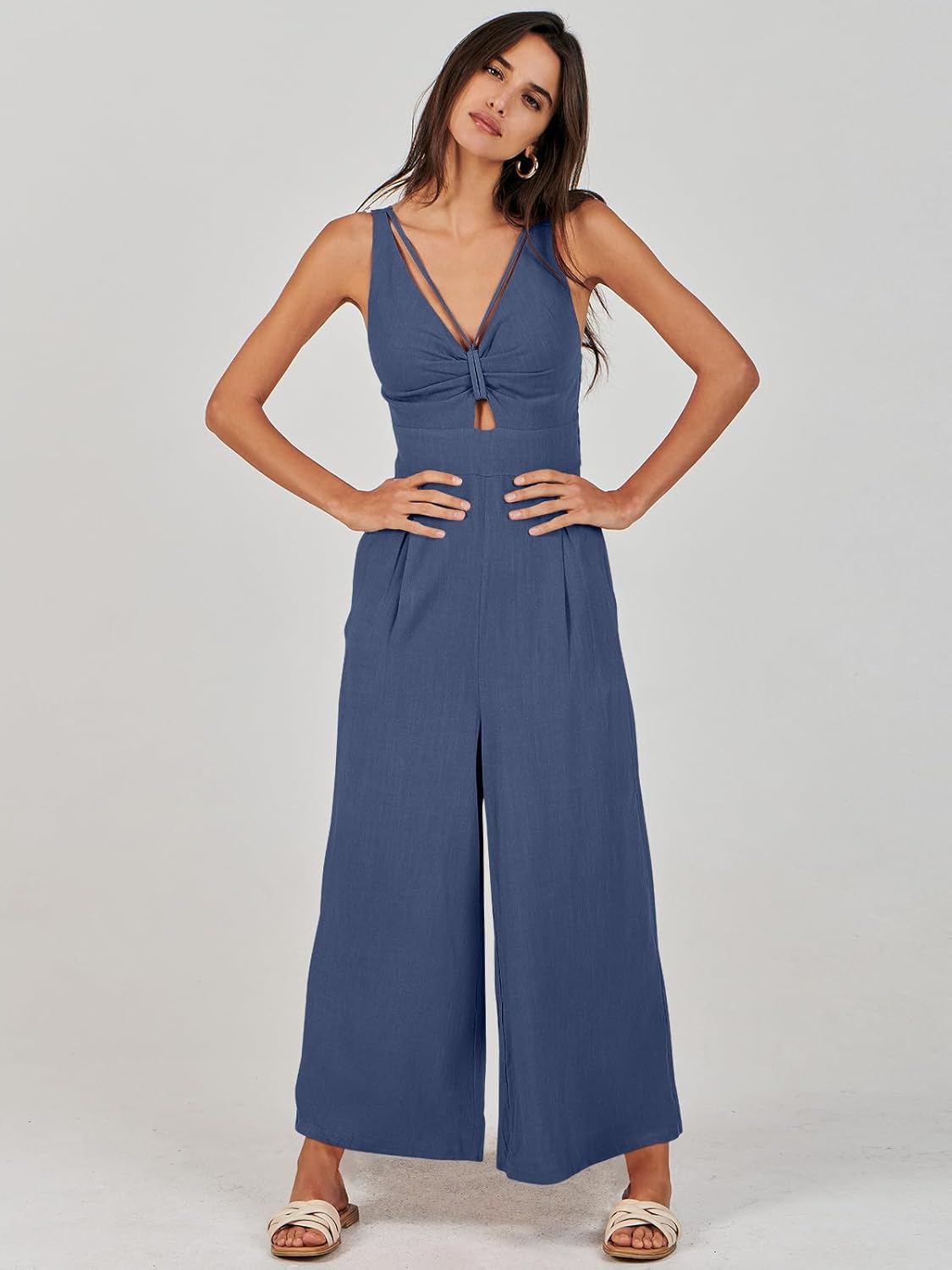 ANRABESS Womens Jumpsuits Summer Linen Wide Leg Sleeveless V Neck Casual Dressy Rompers Pants 2026 Spring Vacation Outfits - Image 9