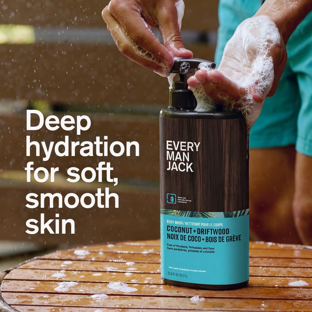 Every Man Jack Coconut + Driftwood Mens Body Wash for All Skin Types - Cleanse, Hydrate, and Smell Great - Free of Parabens, Phtalates, and Dyes - 33.8 fl oz (2 Pack) - Image 4