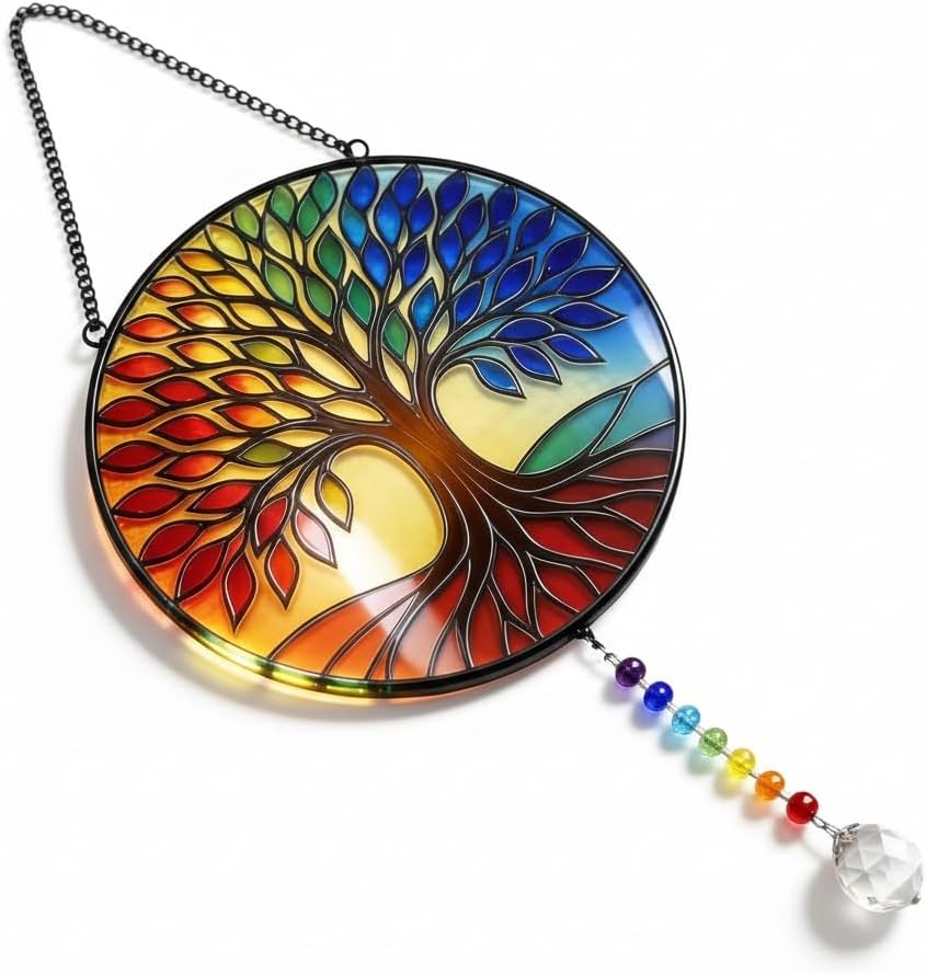 Stained Glass Suncatcher with Chakra Colors Crystals, Tree of Life Window Hanging Decor, Crystal Rainbow Maker for Home Garden, Healing Stone Wall Art, Unique Spiritual Gift for Women, Moms