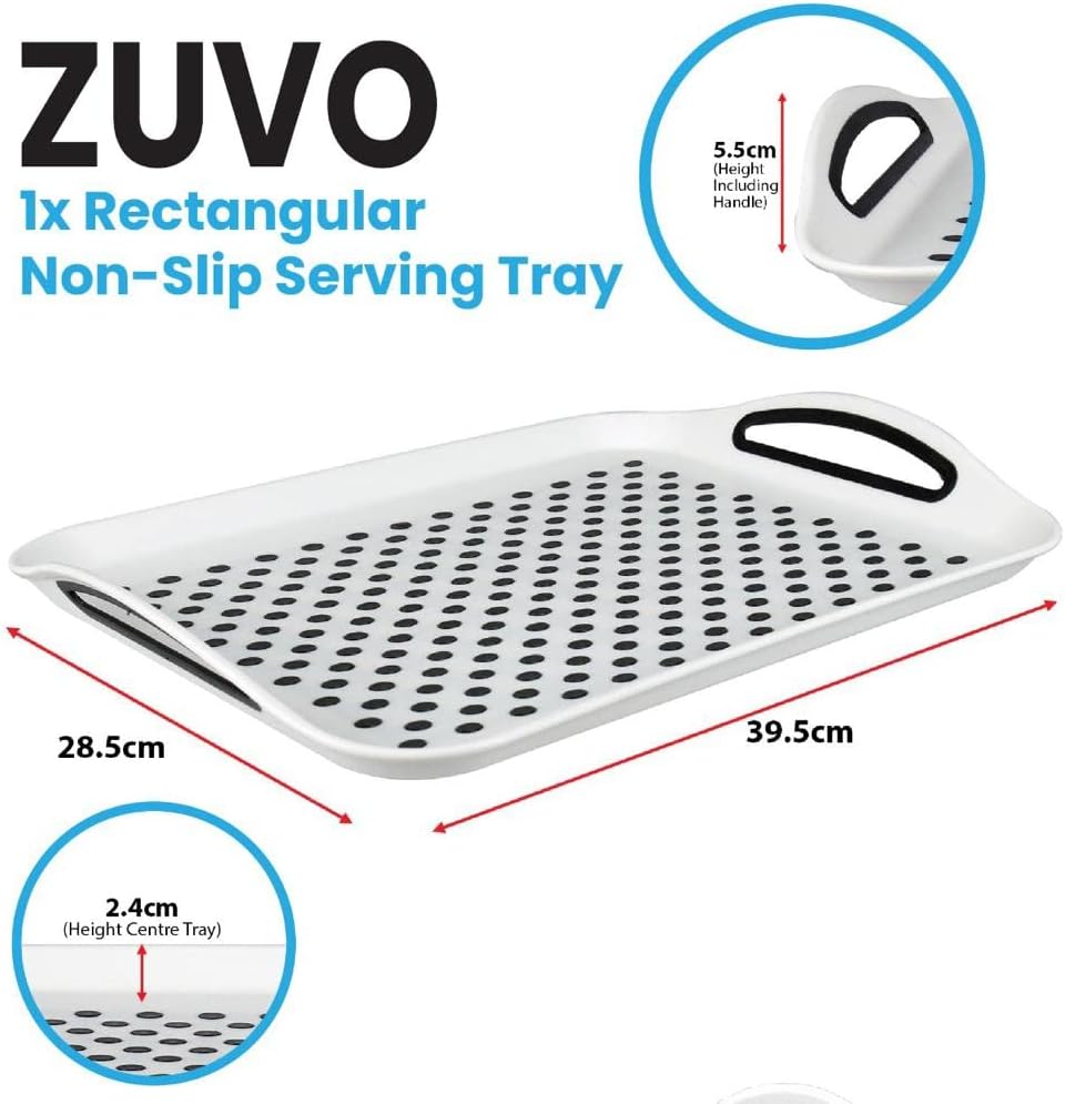 Zuvo 2Pcs Anti-Slip Food Serving Tray with Handles, Multipurpose Non-Slic Dinner/Drinks Serving Trays with High Grip Rubber, Ideal for All Homes (Black)